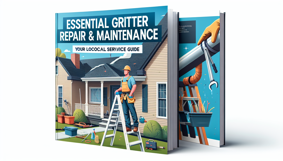 An informative representation of a local service guide for essential gutter repair and maintenance. Display an image of a uniquely designed service manual with detailed illustrations such as a ladder 