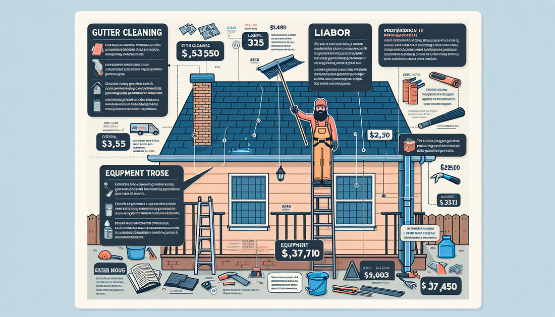 An illustrated overview of the costs associated with gutter cleaning. The image should represent an infographic style layout with various elements. These elements could include a house with gutters be
