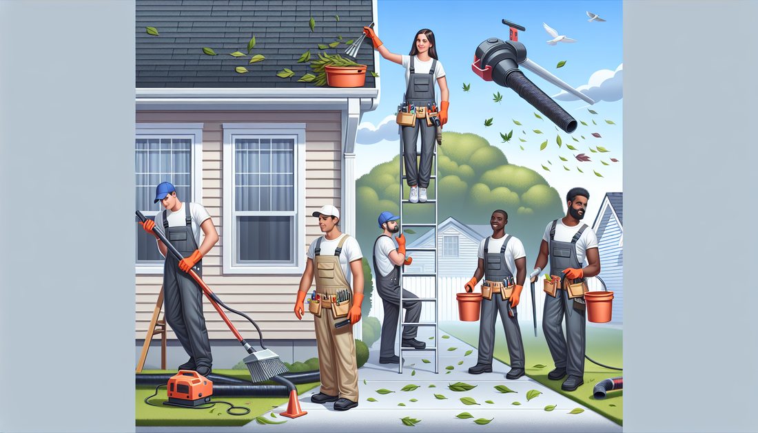 An image displaying a scene of a diverse team of people working on gutter cleaning service. This includes a Caucasian female working on a ladder, clearing leaves from the gutter, a Hispanic male holdi