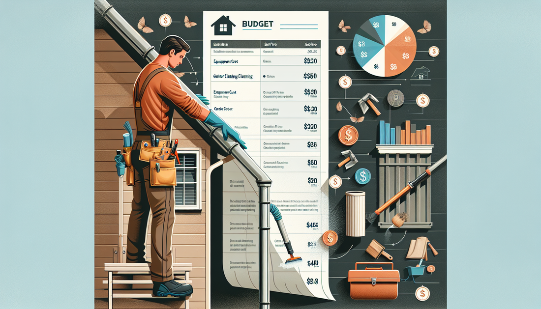 An image visualizing a budget guide for gutter cleaning costs. In the foreground, there's a bulleted list detailing various expenses involved in gutter cleaning such as equipment cost, professional se