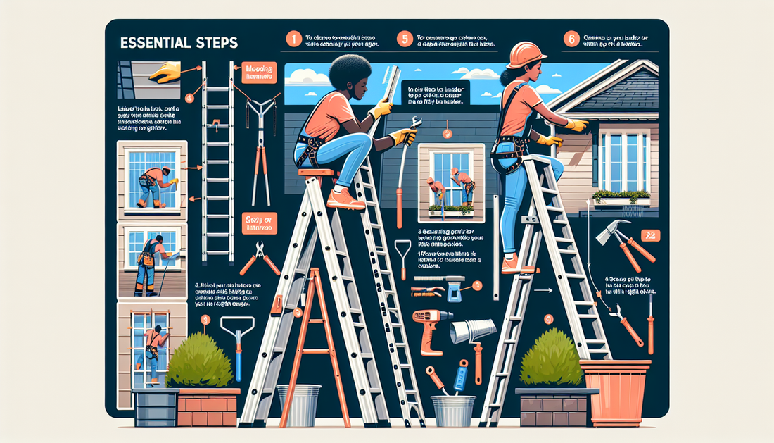 A detailed visual guide displaying essential steps for ladder safety when cleaning gutters. The scene shows a Black woman securely fastening her safety harness at the base of a sturdy ladder that's an