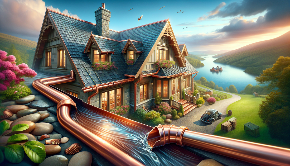 A picturesque scene displaying the benefits and beauty of having copper gutters on a house. The visual should reflect the copper gutters and downspouts, which are shiny and new, blending perfectly wit