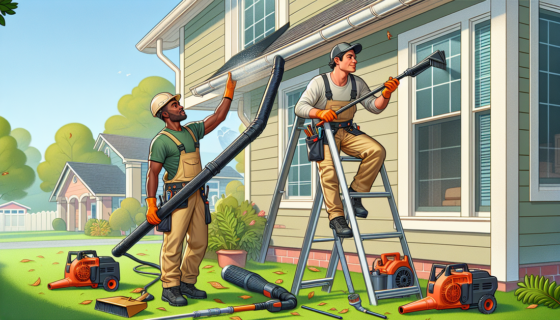 An active outdoor scene of a local gutter and downspout cleaning service in progress. Imagine a pair of workers, one Hispanic man and a Black woman, both wearing work clothes and safety gear. They're 