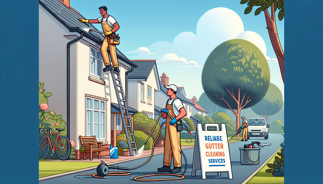 An illustration showing a vibrant scene of a local gutter cleaning service. Depict a Middle-Eastern male on a ladder, cleaning the gutter of a two-story residential house with his tools. On the other 