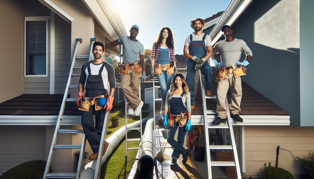 A scene of gutter cleaning contractors at work. These professionals, a combination of diverse individuals. The team consists of a Hispanic woman, a Black man, a Middle-Eastern man, and a Caucasian wom