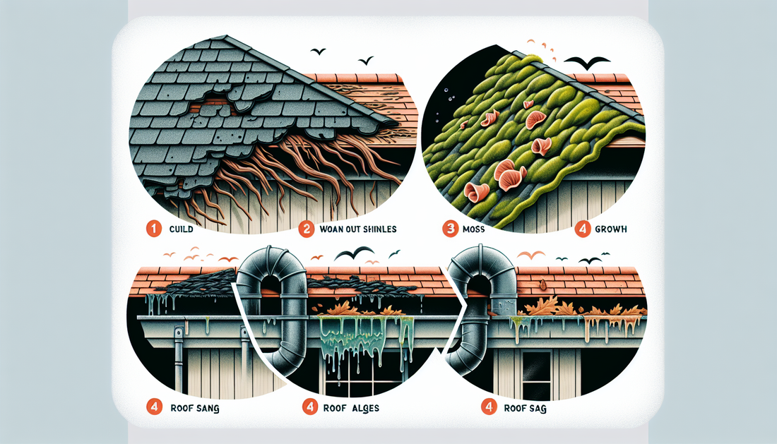 An illustration showing the four key dangers associated with an aging roof. The first danger is worn out shingles, depicted by an image of curled and cracked shingles on a weathered roof. The second d