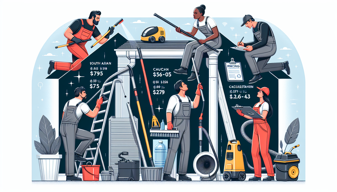 An illustration of a diverse, gender-equal team of professional gutter cleaners at work. The team consists of a South Asian man carefully climbing a ladder with cleaning tools, a Black woman inspectin