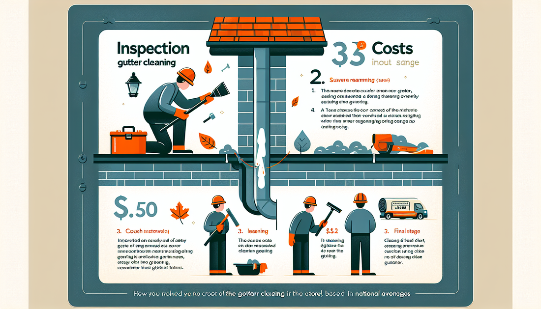 An educational infographic describing the average cost of gutter cleaning. The graphic should show the process of the gutter cleaning in different stages: 1. Inspection with a person equipped with a s