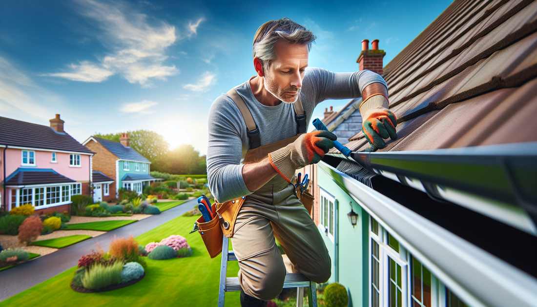 An image showcasing the process of gutter cleaning in a residential area. In the forefront, we see a middle-aged Caucasian man carefully removing debris from a gutter with specialized tools. He's on a