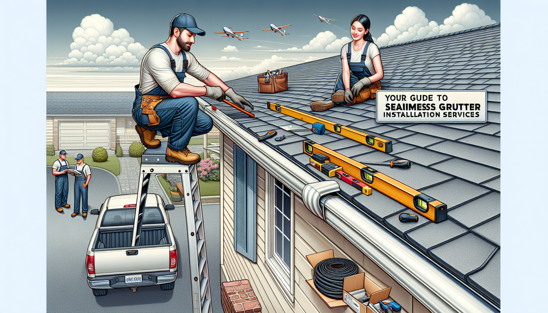 A detailed visual representation of local gutter installation service experts at work. Picture this as a dynamic scene set outside a suburban home. A Middle Eastern man is on a ladder, firmly securing