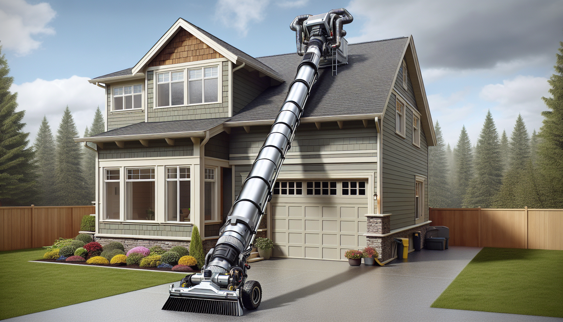 An outdoor view of a suburban house with its 40-foot tall rain gutters. A revolutionary cleaning device, engineered for easy and efficient gutter maintenance, is revealed on the foreground. The device