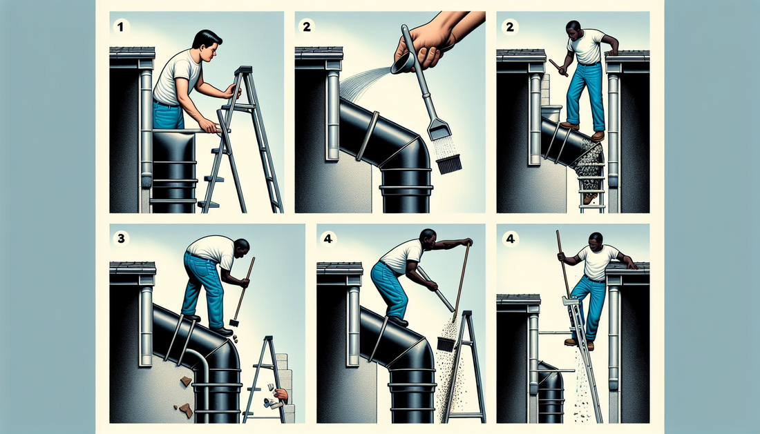 An illustrated step-by-step guide showing the process of clearing a clogged gutter downspout. The image is divided into four quadrants, each representing a step. In the first quadrant, it shows a pers