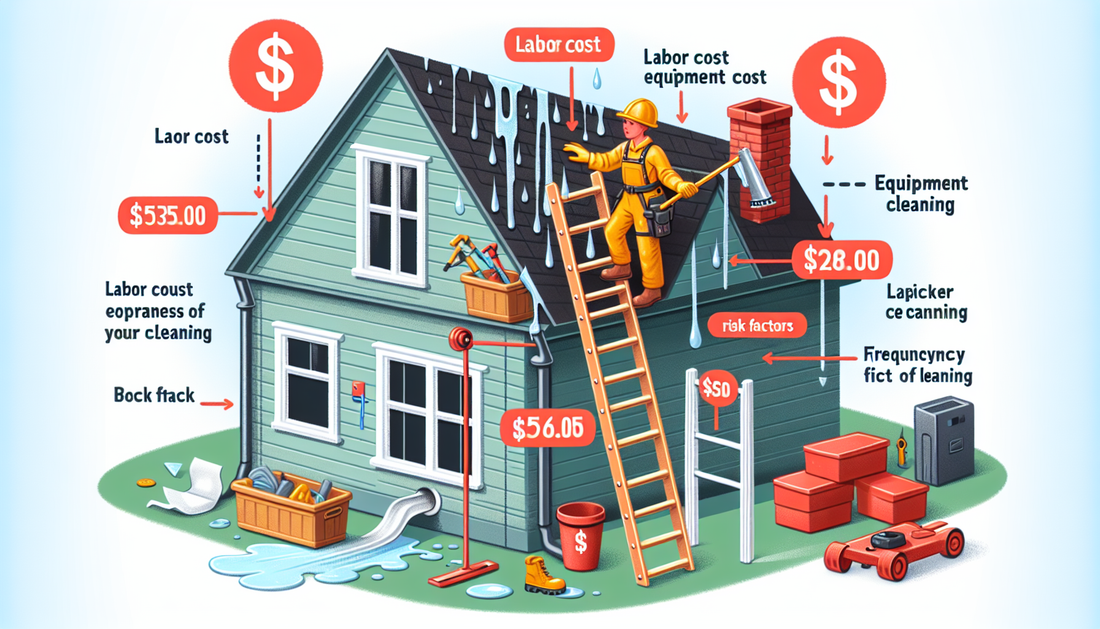 An illustrative diagram explaining the cost of eavestrough cleaning. The image should have different elements representing labor cost, equipment cost, risk factors, and frequency of cleaning. A little