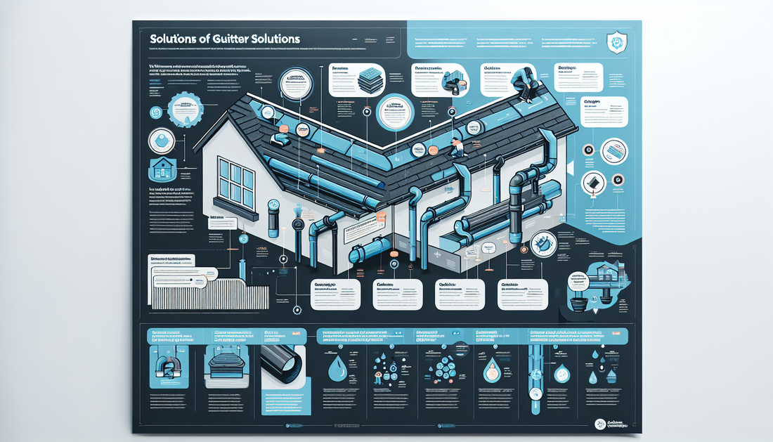 Visualize a detailed infographic explaining the features and benefits of a fictional company named 'Ned's Gutter Solutions'. This company specializes in offering solutions for gutter problems. The inf