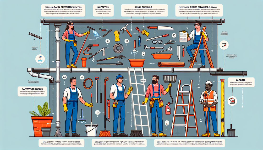 An image showing an infographic called 'Easy Guide to Professional Rain Gutter Cleaning Services.' Display various stages of the process, starting from inspection to final cleaning. Include various to