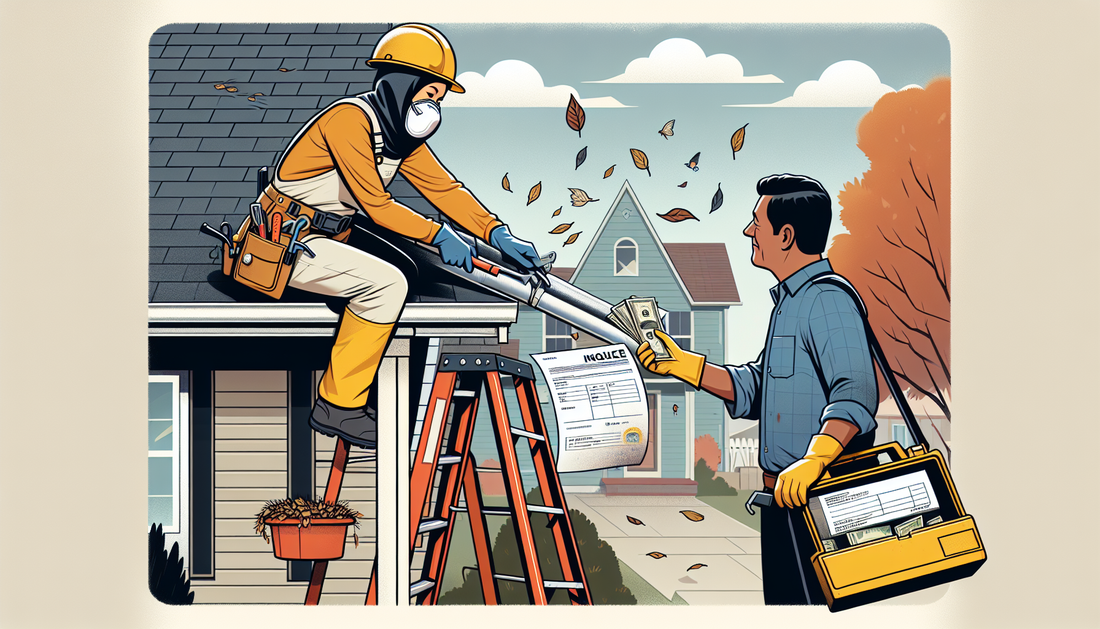 Visualize a scene focusing on a gutter cleaning service. An Hispanic female worker in protective gear is carefully clearing leaves and debris from the gutters of a suburban home. Her equipment, includ