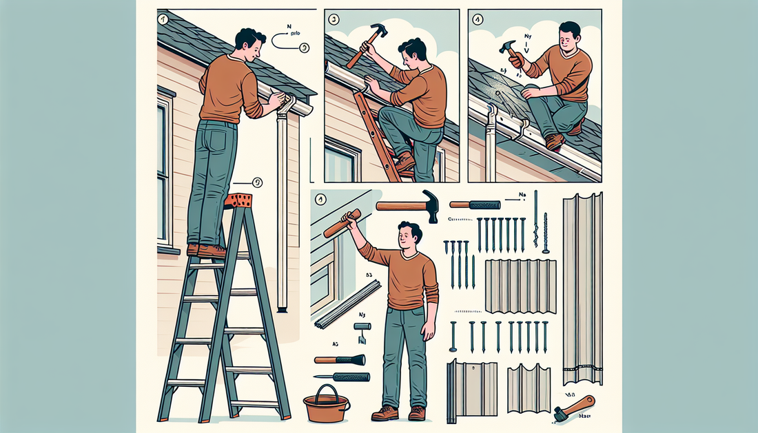 Illustration of a step-by-step guide to fixing gutter issues. A neutral gender Middle-Eastern person on a ladder adjusting a gutter, while holding a hammer and nails. Next, the same person inspecting 