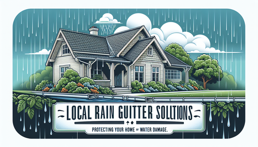 An illustration representing rain gutter solutions for local houses. It shows a typical suburban house, with a shingle roof and white walls, situated amidst green foliage. The focus is on the rain gut