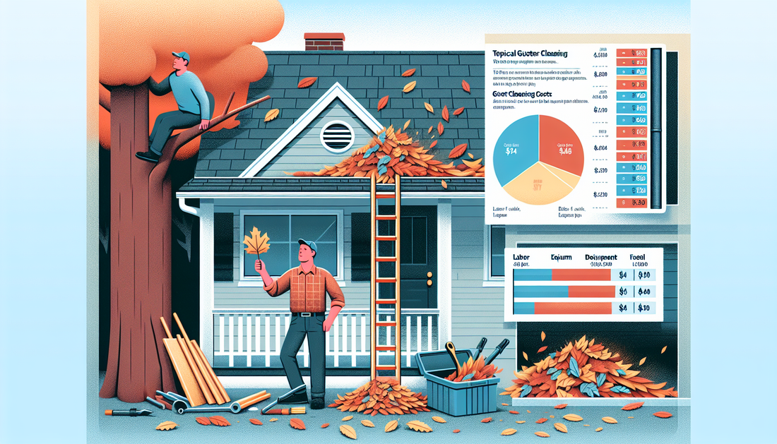 An informative illustration depicting typical gutter cleaning costs. In the foreground is a tree leaf-filled gutter, with a ladder propped up against a generic house facade. Nearby, a middle-aged Cauc