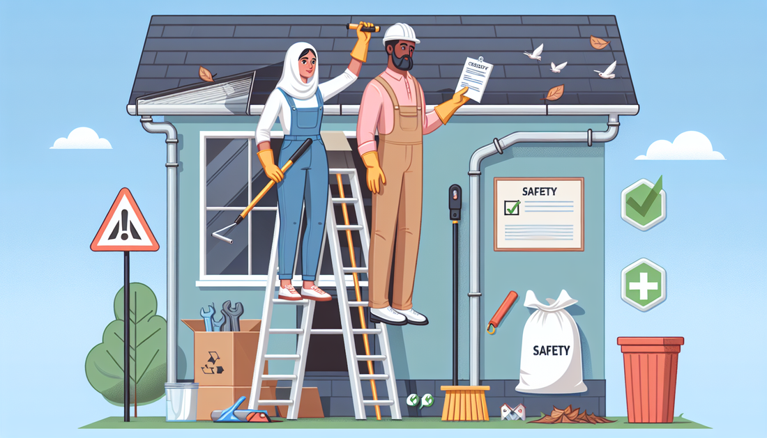Illustration of an easy gutter cleaning guide. A South Asian woman standing on a sturdy ladder, wearing protective gloves and eyewear. She's using a gutter cleaning tool to remove leaves and debris fr