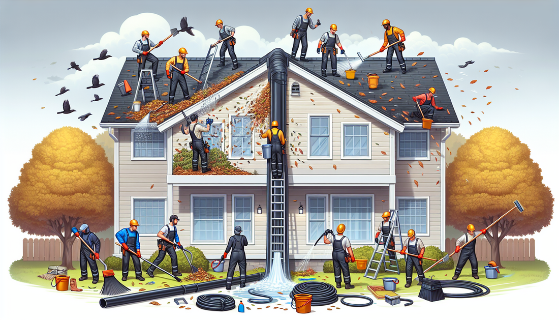 An informative scene that illustrates the essentials of professional gutter cleaning services. In the image, see a multi-story house with blocked gutters full of leaves and debris. A team of expert wo