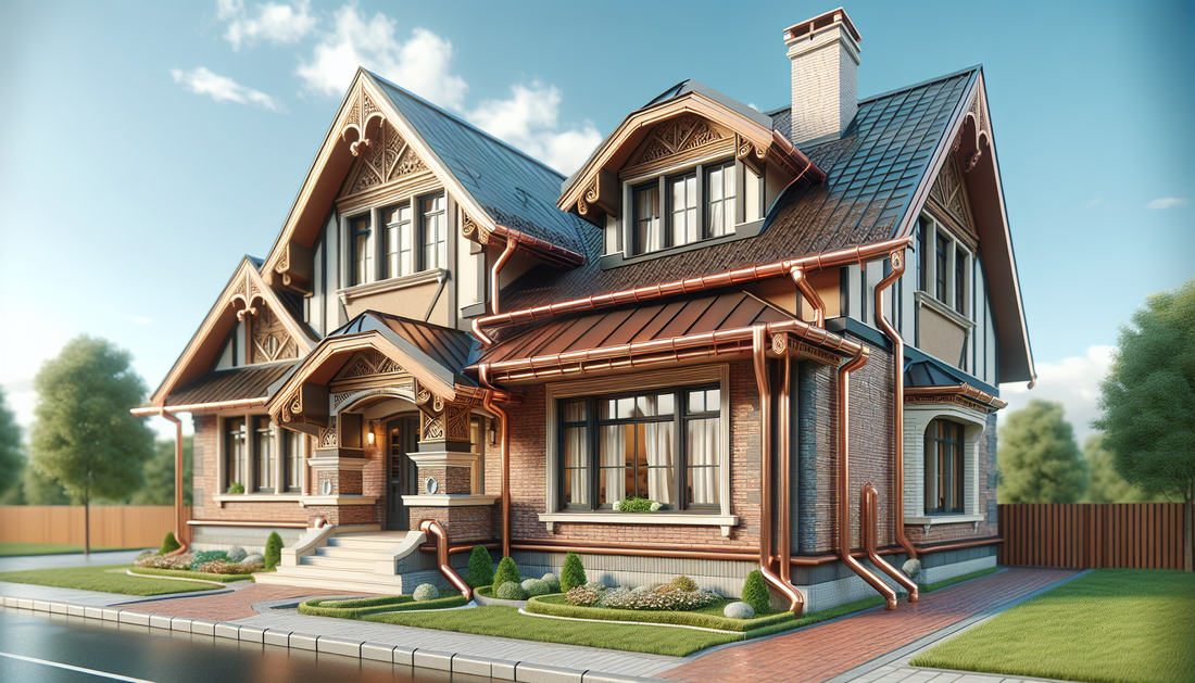 A visualization of a charming house facade with stylish gutter upgrades. The house is adorned in a rustic style with brick accents, contrasting with beautifully upgraded gutters. The gutters are coppe