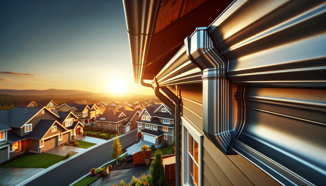 A close-up view of seamless gutter system on a suburban house enveloped in a setting sun environment. The gutter made up of high quality, rust-free material, meticulously installed, showing exceptiona
