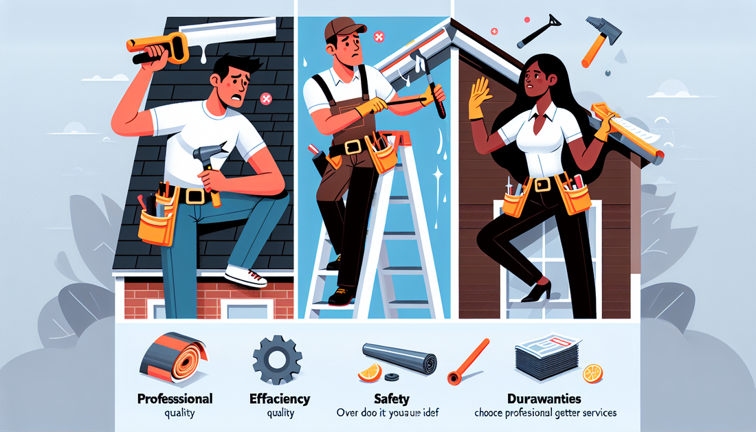 An infographic depicting the five reasons to choose professional gutter services over doing it yourself. The image shows two sections, on one side a frustrated Hispanic man trying to cleaning gutters 